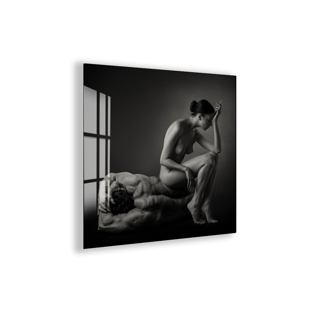 Erotic Couple Glass Wall Art – Sensual Black and White Nude Decor for Modern Interiors