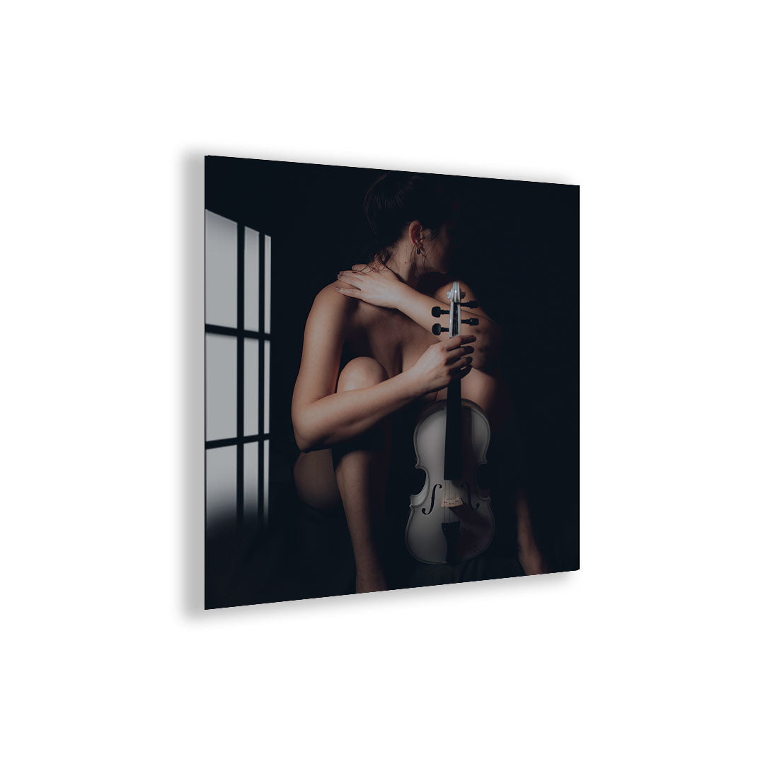Erotic Nude Glass Wall Art – Sensual Woman with Violin Artistic Decor