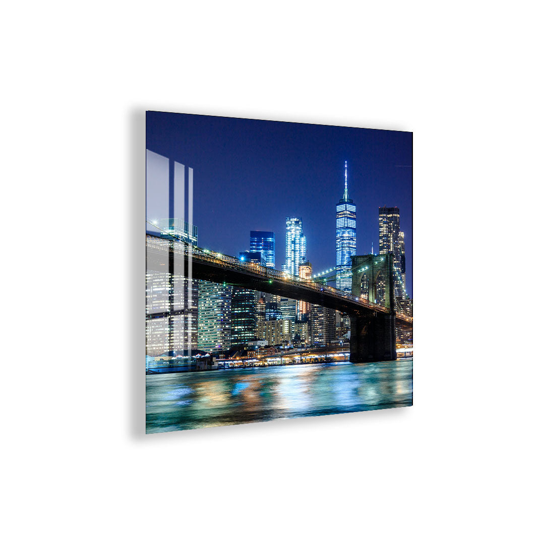 Brooklyn Bridge Night Glass Wall Art – Illuminated New York City Skyline Poster