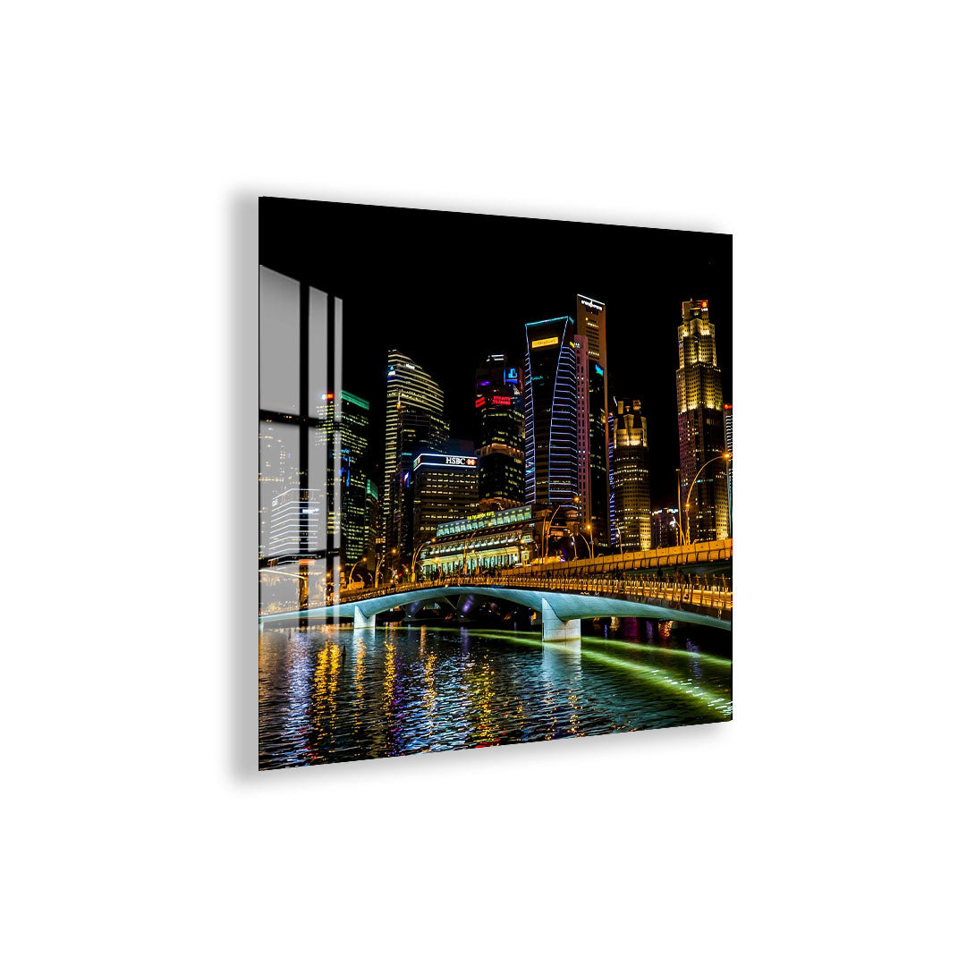 Singapore Skyline Glass Wall Art – Modern Cityscape Poster with Night Lights