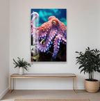 a serene indoor setting with a large framed photograph of blue butterflies on a wall, a wooden bench, and potted plants.