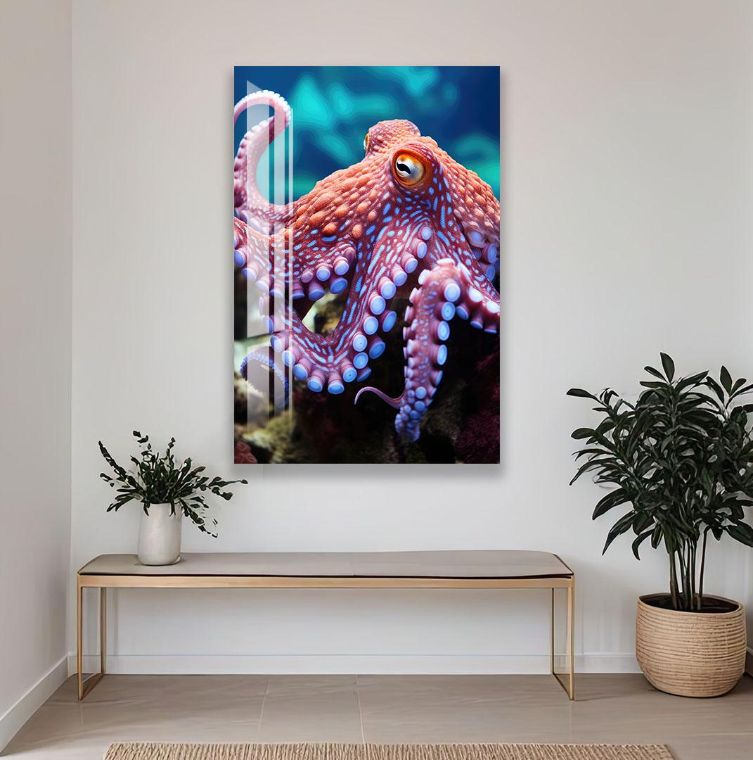 a serene indoor setting with a large framed photograph of blue butterflies on a wall, a wooden bench, and potted plants.