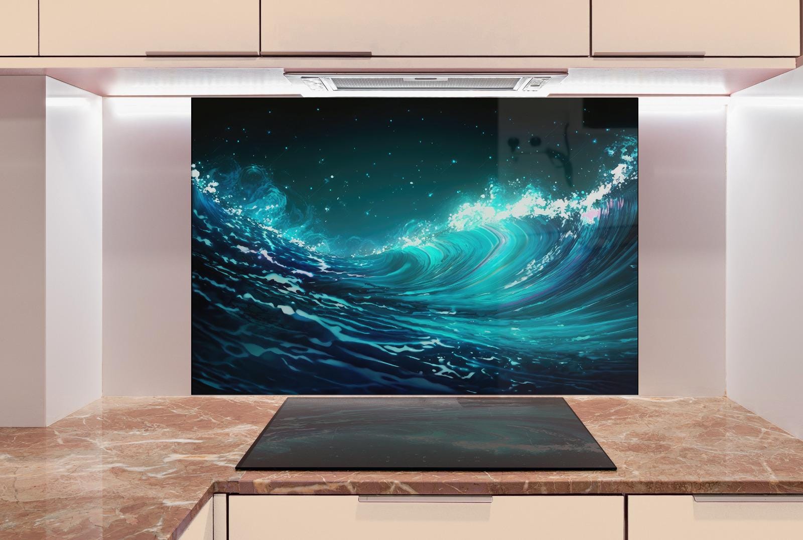 a large, vibrant, and colorful painting of a wave in the ocean, displayed on a wall above a kitchen counter.