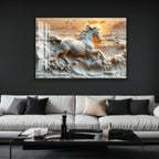 a large, detailed sculpture of a horse running on a wave, mounted on a wall above a modern black coffee table in a living room setting.