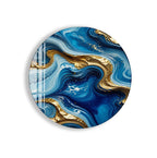 a vibrant and abstract design with swirling patterns of blue and gold colors.