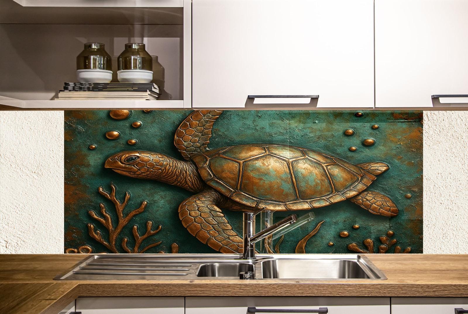 a painting of a turtle on a green background