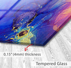 A close-up image of a glass surface with a vibrant, abstract pattern in shades of blue, purple, and gold. The glass appears to be Tempered Glass, which is described as having a thickness of 4mm.