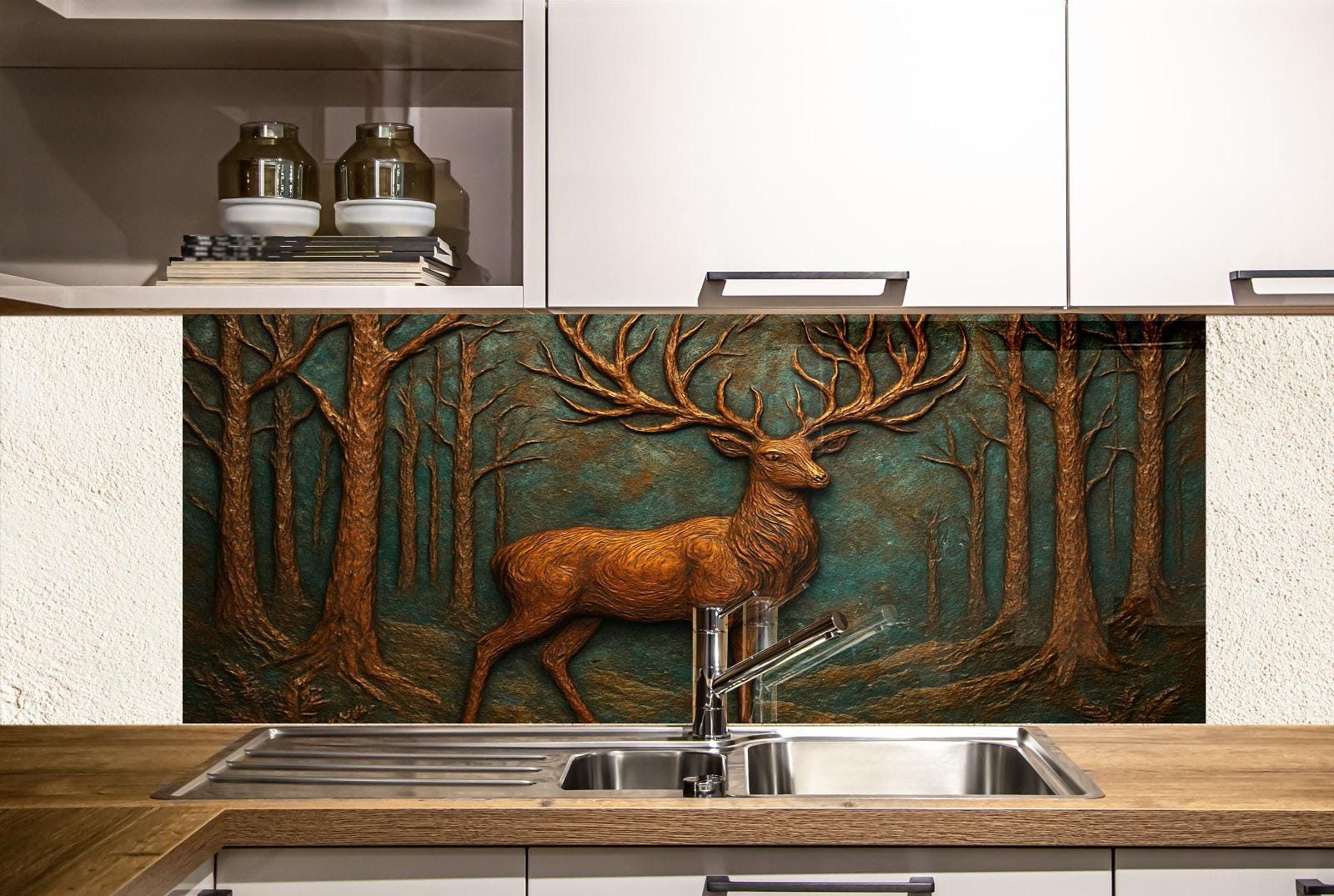 a painting of a deer in a forest is on the wall of a kitchen