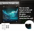 The image is a promotional poster for a special hanging set, featuring a large, vibrant image of a wave on a black background. The poster highlights that the hanging set can easily be mounted on the wall without a hole in the glass, and it will stand 1 cm away from the wall.
