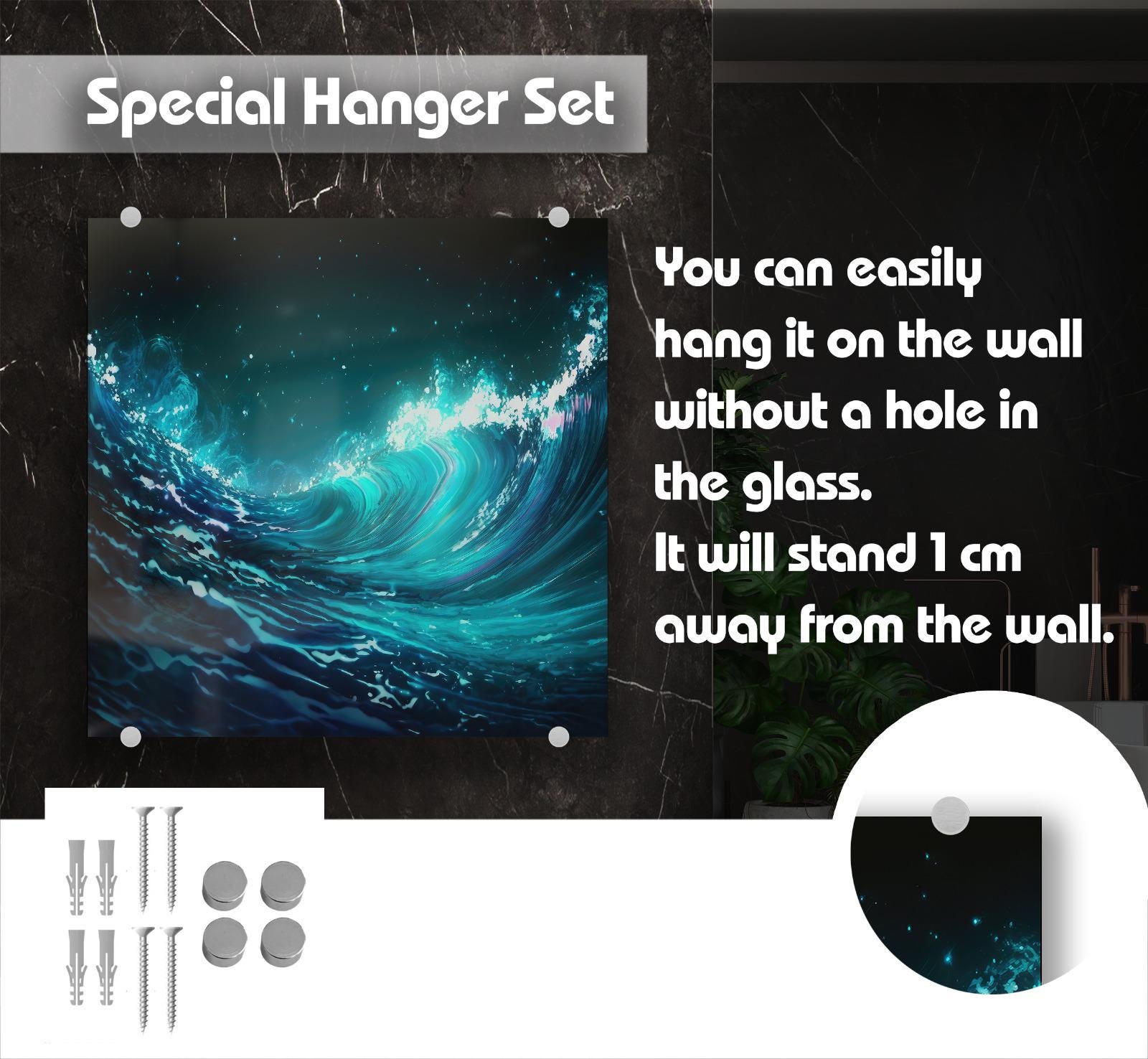The image is a promotional poster for a special hanging set, featuring a large, vibrant image of a wave on a black background. The poster highlights that the hanging set can easily be mounted on the wall without a hole in the glass, and it will stand 1 cm away from the wall.