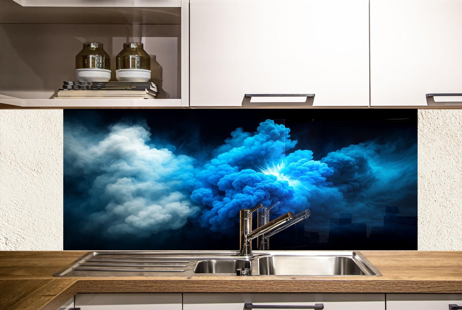 a kitchen with a sink and a painting on the wall