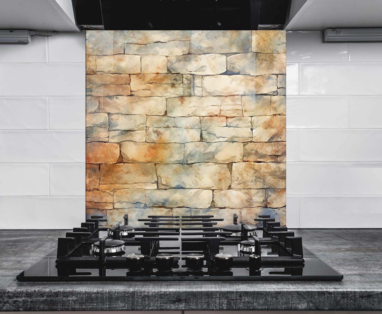 a modern kitchen with a gas stove and a stone wall with a textured pattern as the backdrop.