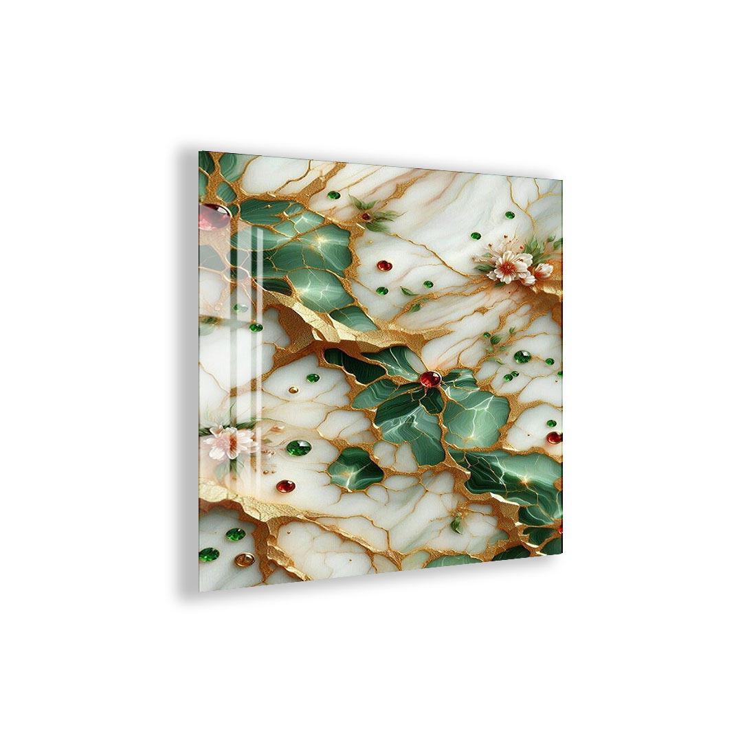 a close-up view of a marble surface with a green and gold pattern, including small green leaves and red flowers.