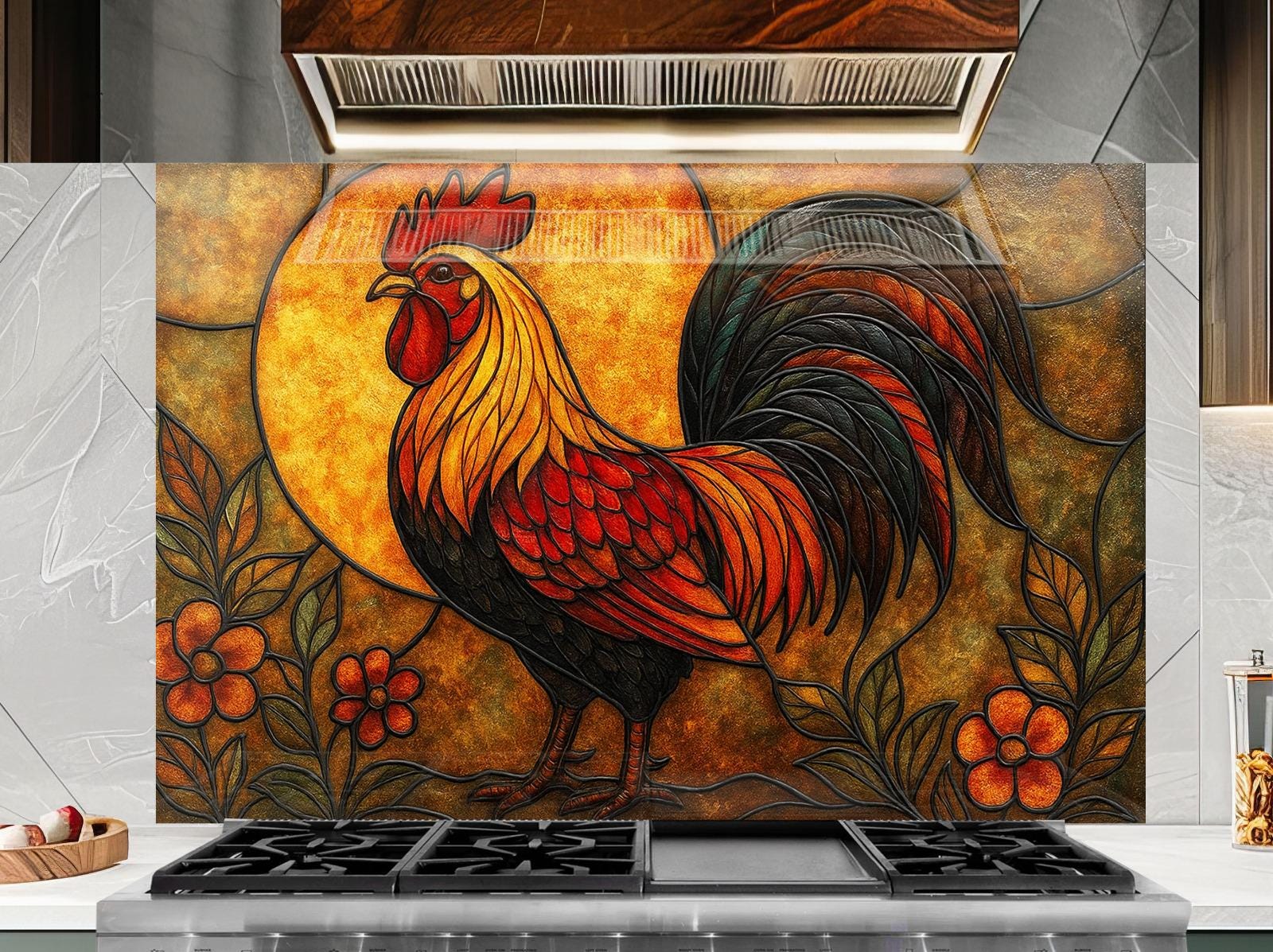 a painting of a rooster on a tile backsplash