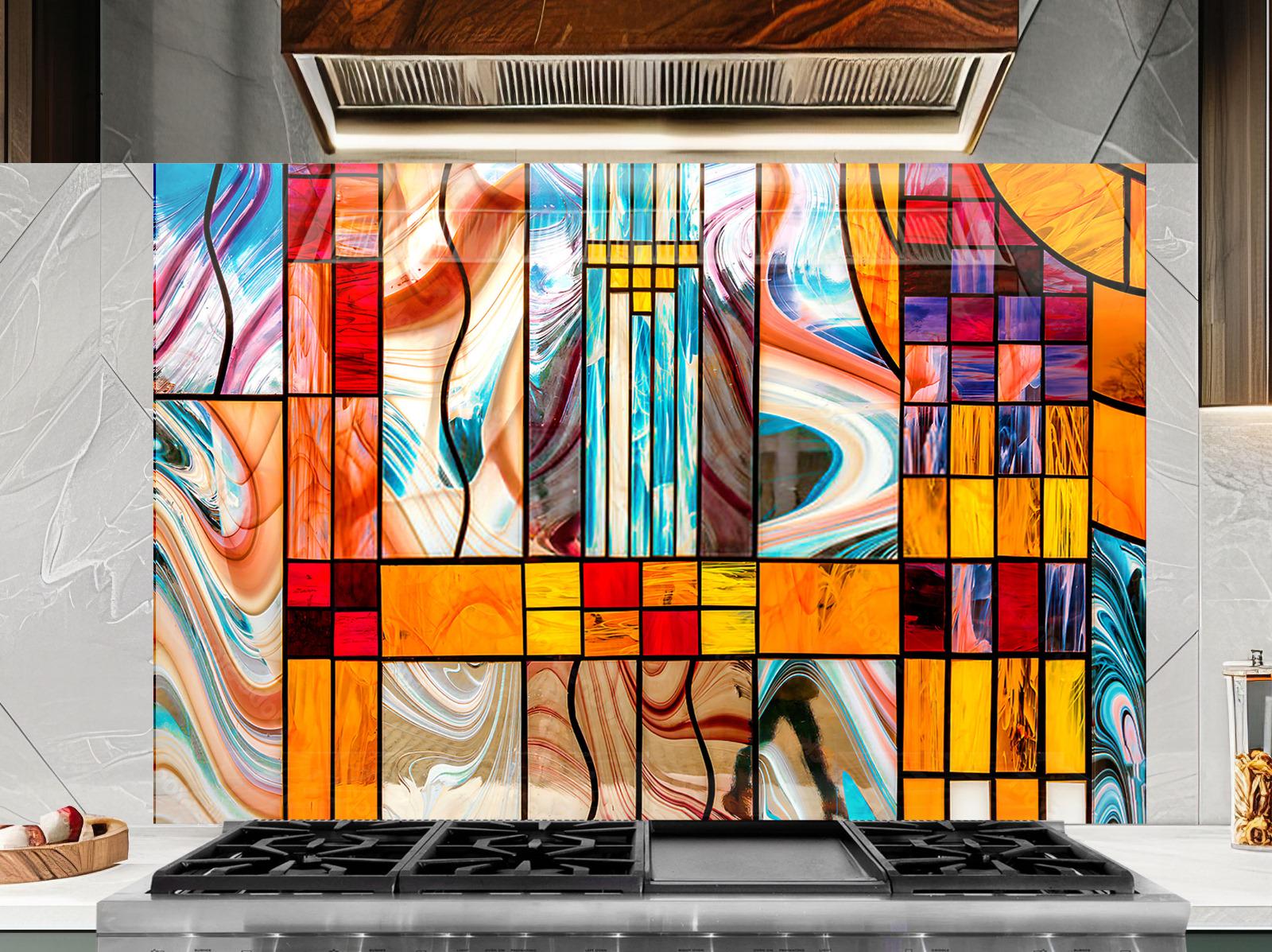 a vibrant, abstract glass artwork with swirling patterns and bold colors, creating a striking visual display.