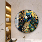 a large, ornate peacock with a vibrant blue and gold plumage, surrounded by a lush array of flowers and foliage. The peacock is depicted in a dynamic pose, with its head turned to the side and its tail spread out in a display of its natural beauty. The peacock is set against a backdrop of a marble wall, which adds to the elegance and grandeur of the scene.