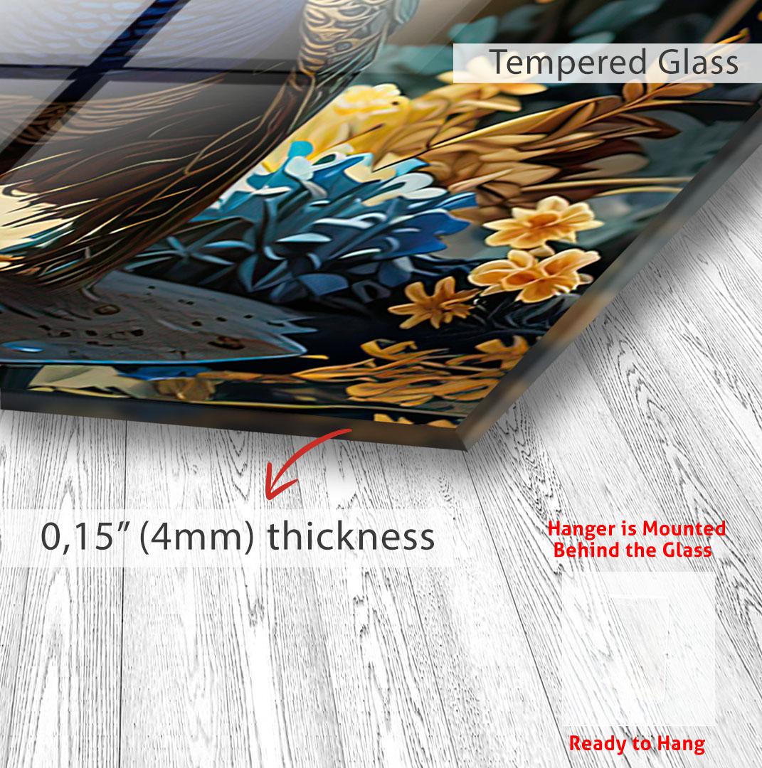 The image is a close-up of a glass surface with a floral pattern, and there is a text overlay providing information about the glass.
