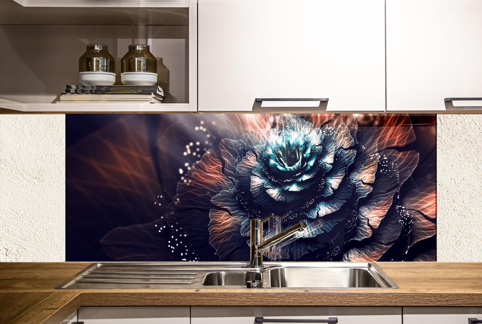 a kitchen sink with a large, colorful floral pattern on the backsplash behind it. The backsplash is a striking combination of blue, orange, and white colors, creating a vibrant and eye-catching design. The sink itself is made of stainless steel and has a sleek, modern appearance. The overall scene suggests a well-designed and visually appealing kitchen space.