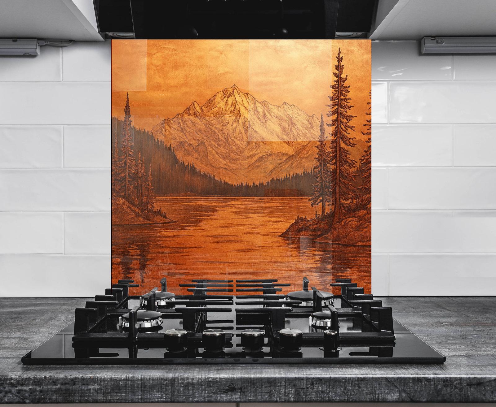 a large, colorful mural depicting a serene mountain landscape with a lake in the foreground.