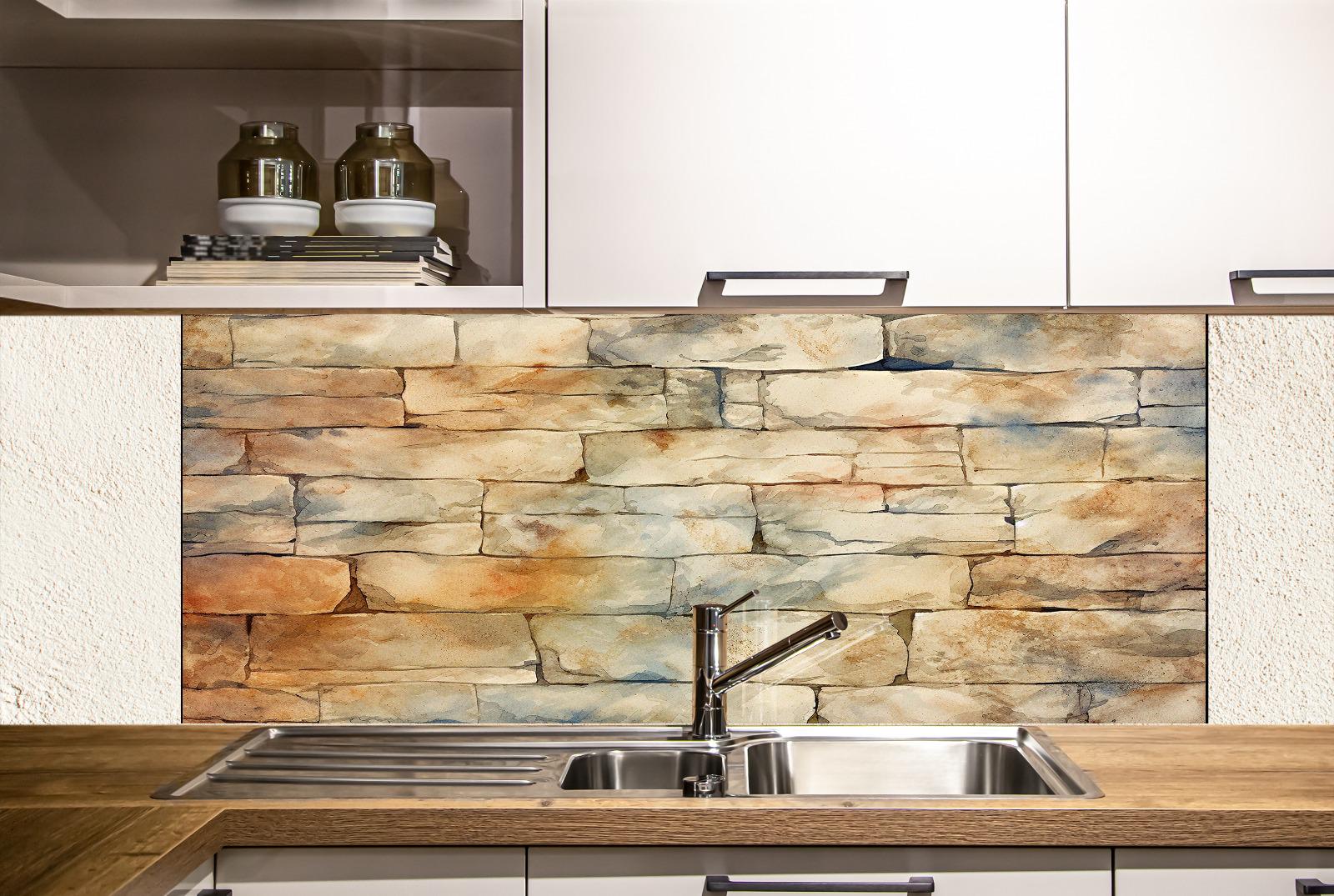a modern kitchen with a stone-patterned backsplash behind a stainless steel sink. The kitchen features white cabinets and a wooden countertop.