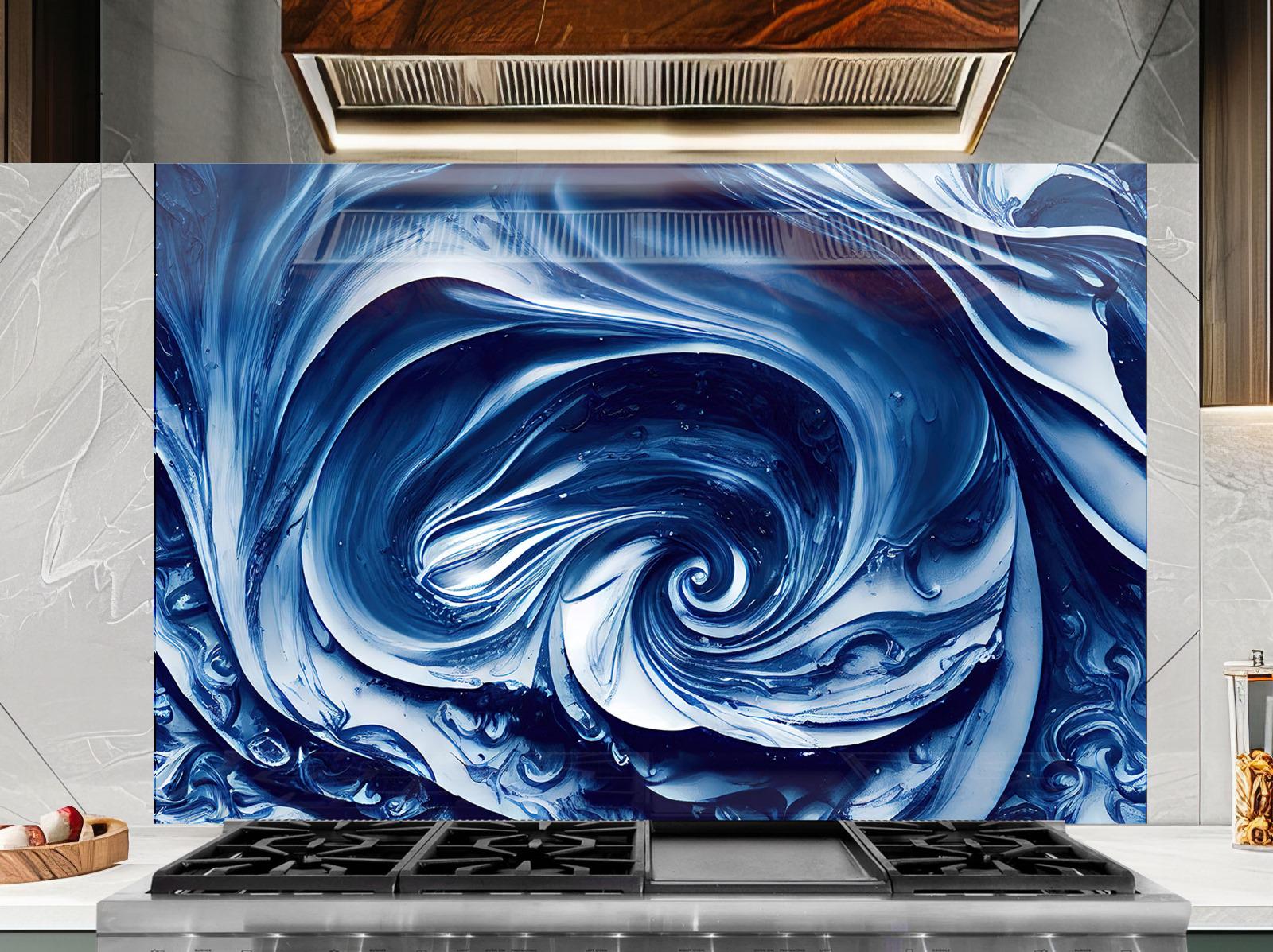 a large, abstract, swirling pattern in shades of blue and white, creating a visually striking and dynamic backdrop.