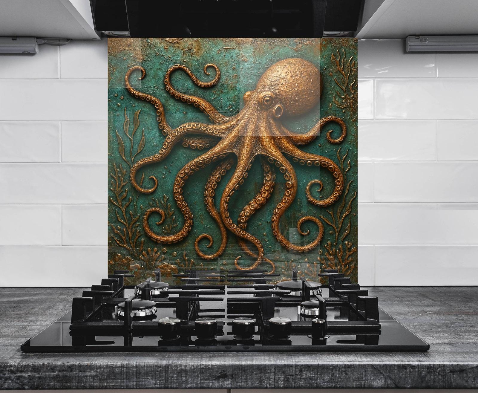 a painting of an octopus on a gas stove