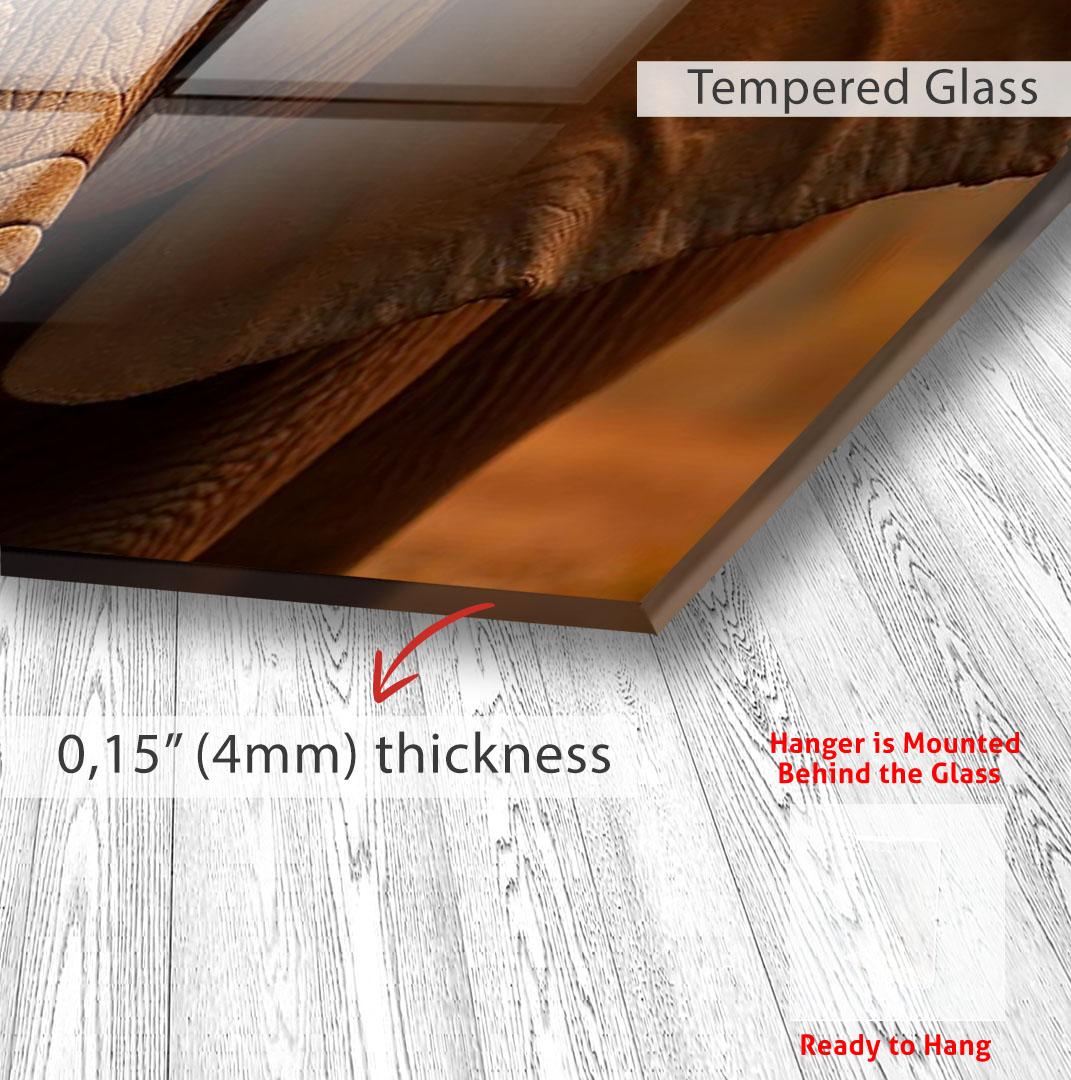 The image is a close-up of a wooden surface with a text overlay indicating that the glass is "Tempered Glass" and has a thickness of "0.15" (4mm)