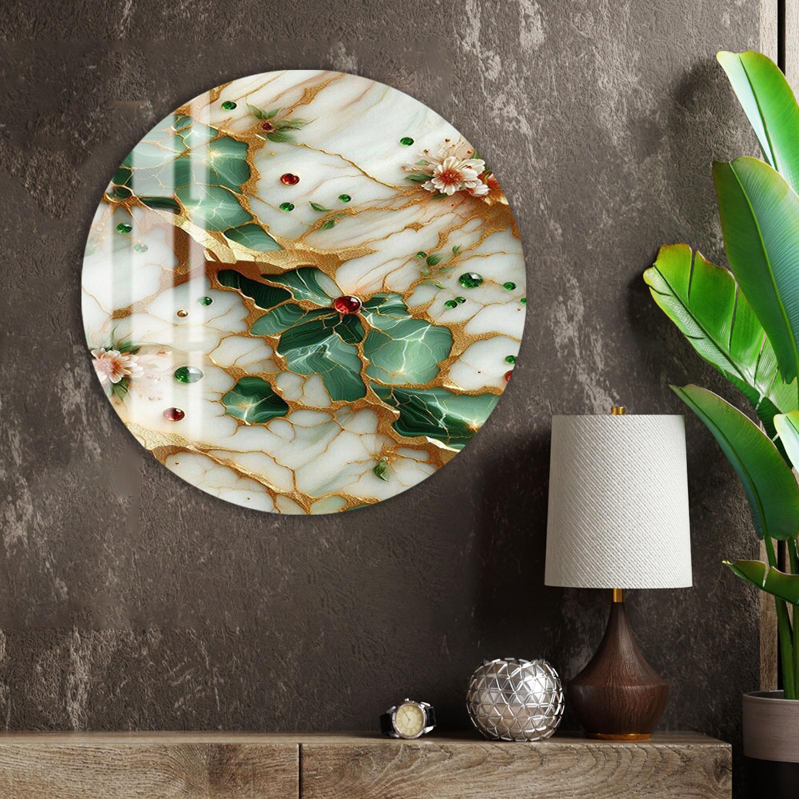 a large circular wall art piece with a floral design, hanging on a wall next to a lamp and a plant.