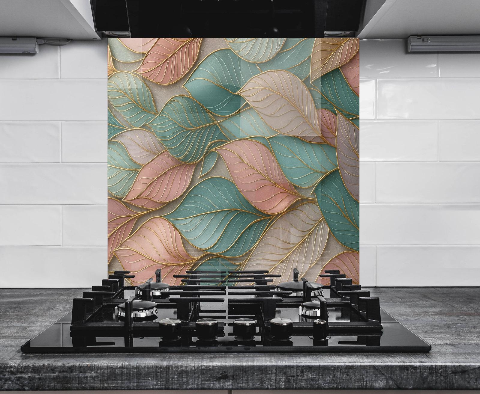 a stove top with a painting of leaves on it