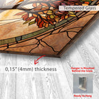 The image is a close-up of a stained glass window with a text overlay providing information about the glass's thickness and mounting details.