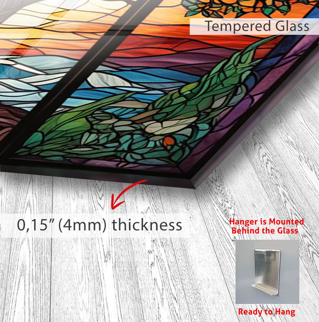 a stained glass window with a textured surface, and there is a red arrow pointing to the thickness of the glass, which is 0.15" (4mm) thick.