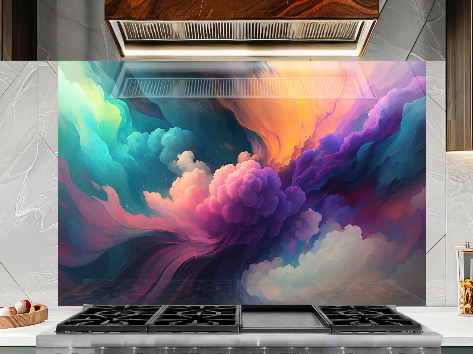 a kitchen stove top with a painting on it