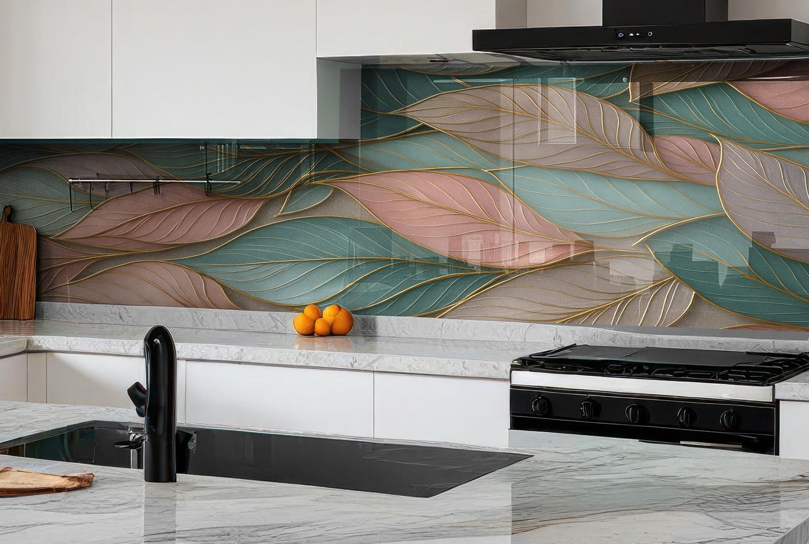a kitchen with a marble counter top and white cabinets