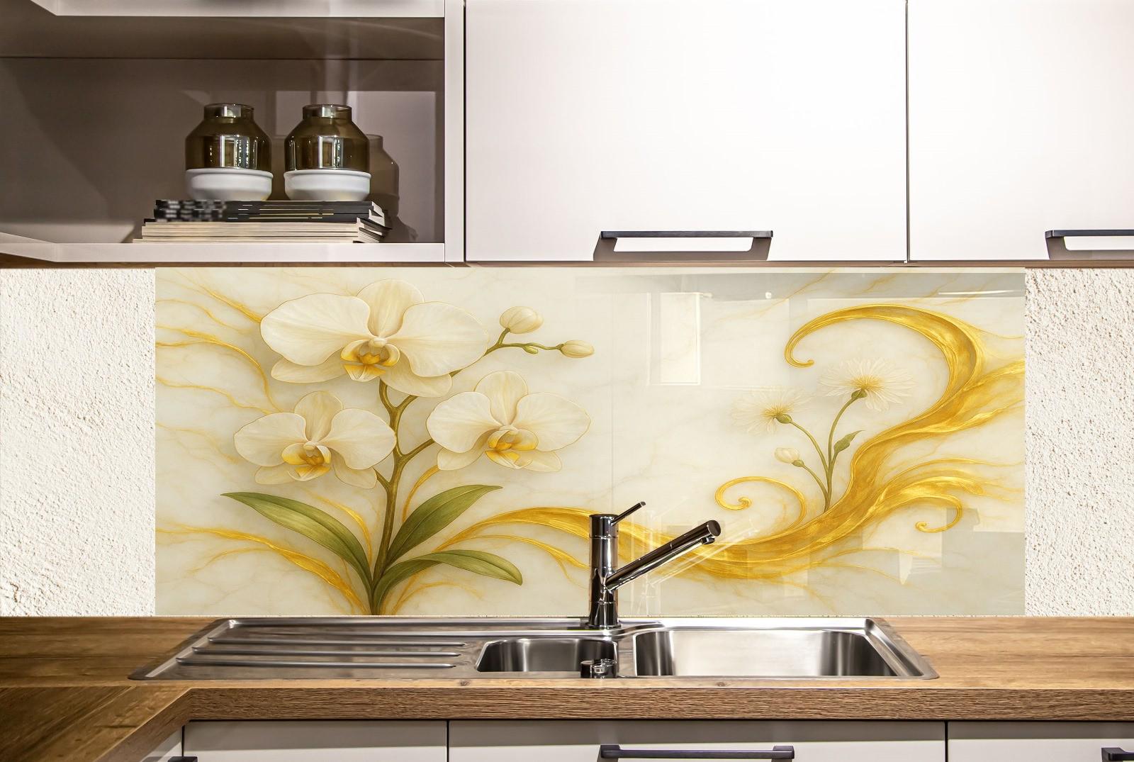 a kitchen with a sink and a painting on the wall