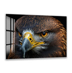 A close-up of a majestic eagle's head, with its piercing yellow eyes and sharp beak, conveying a sense of power and ferocity.
