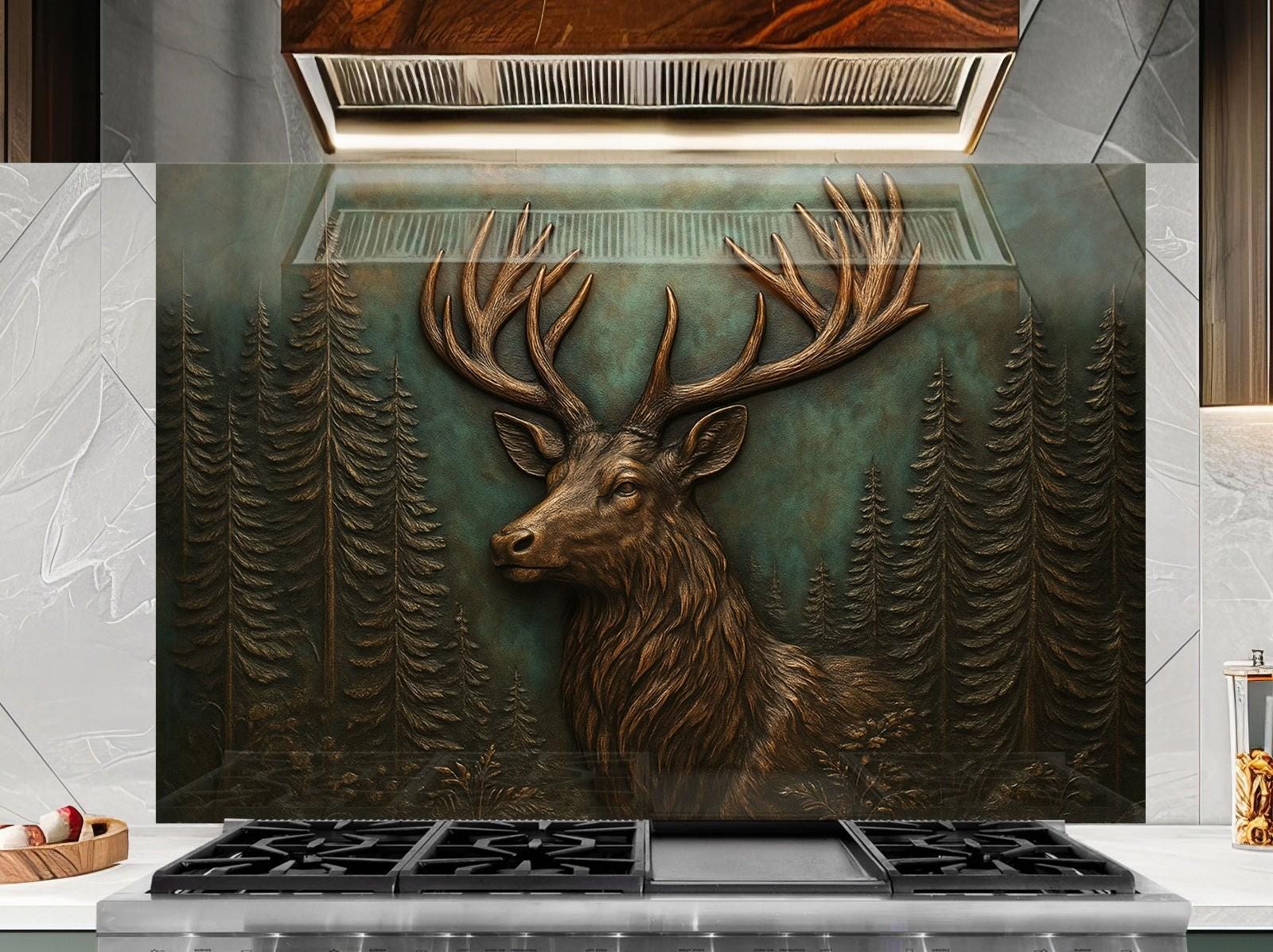 a painting of a deer is on the wall of a kitchen