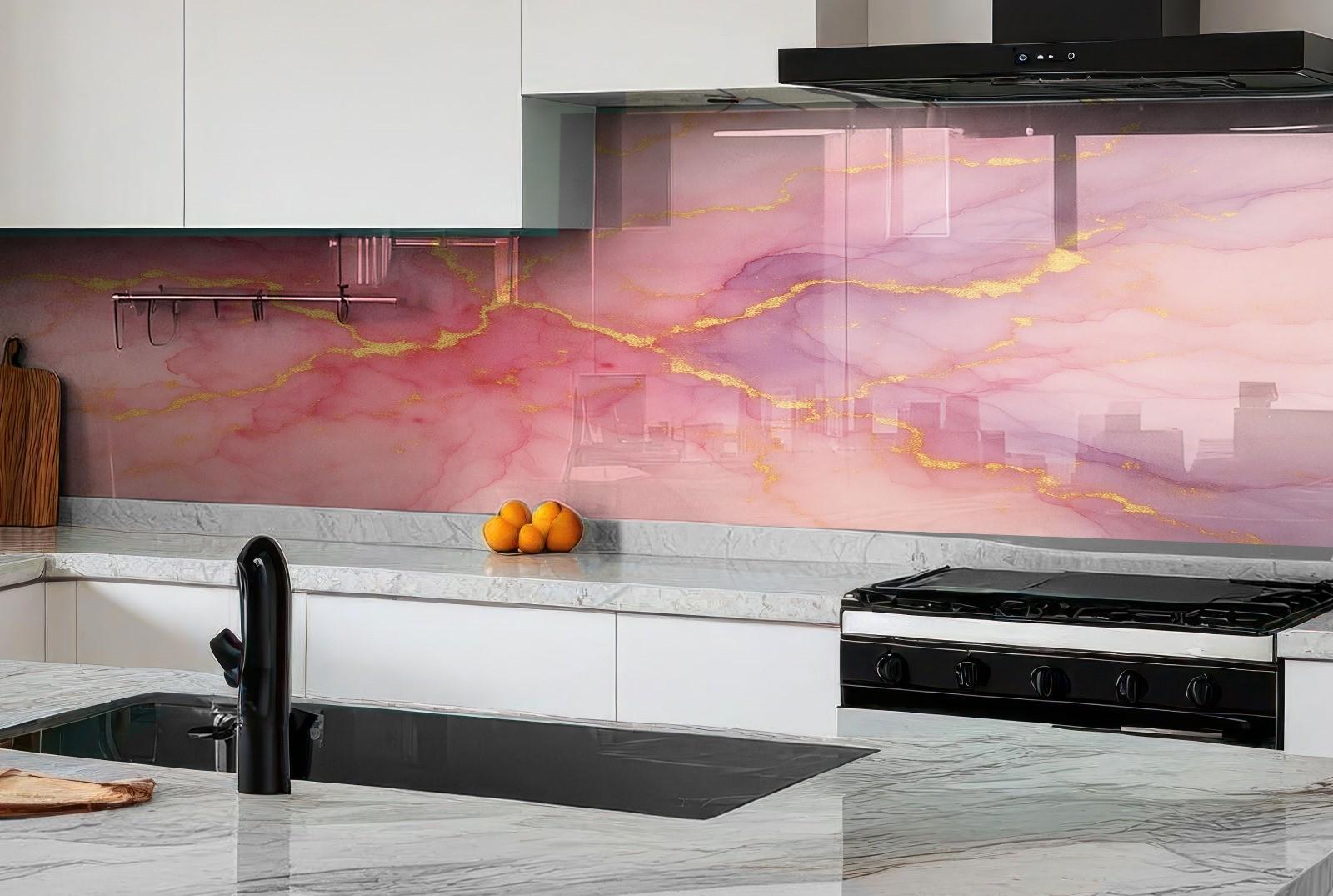 a kitchen with marble counter tops and a marble backsplash