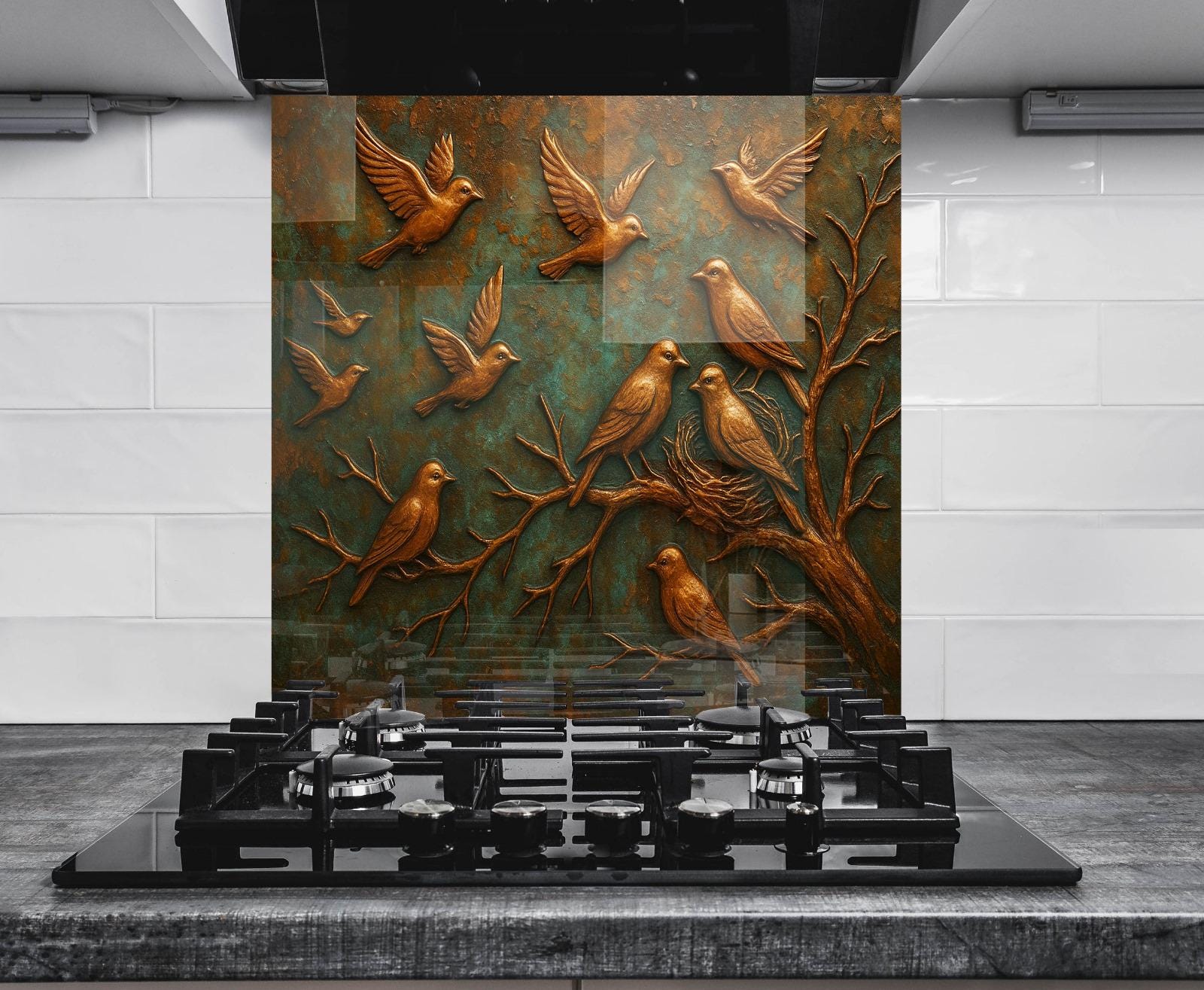 a painting of birds sitting on a tree branch