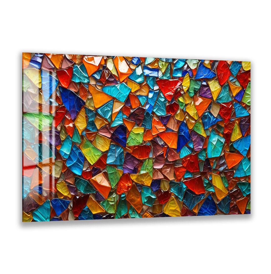 The image is a vibrant and colorful mosaic composed of numerous small, multicolored glass pieces arranged in a visually striking pattern.