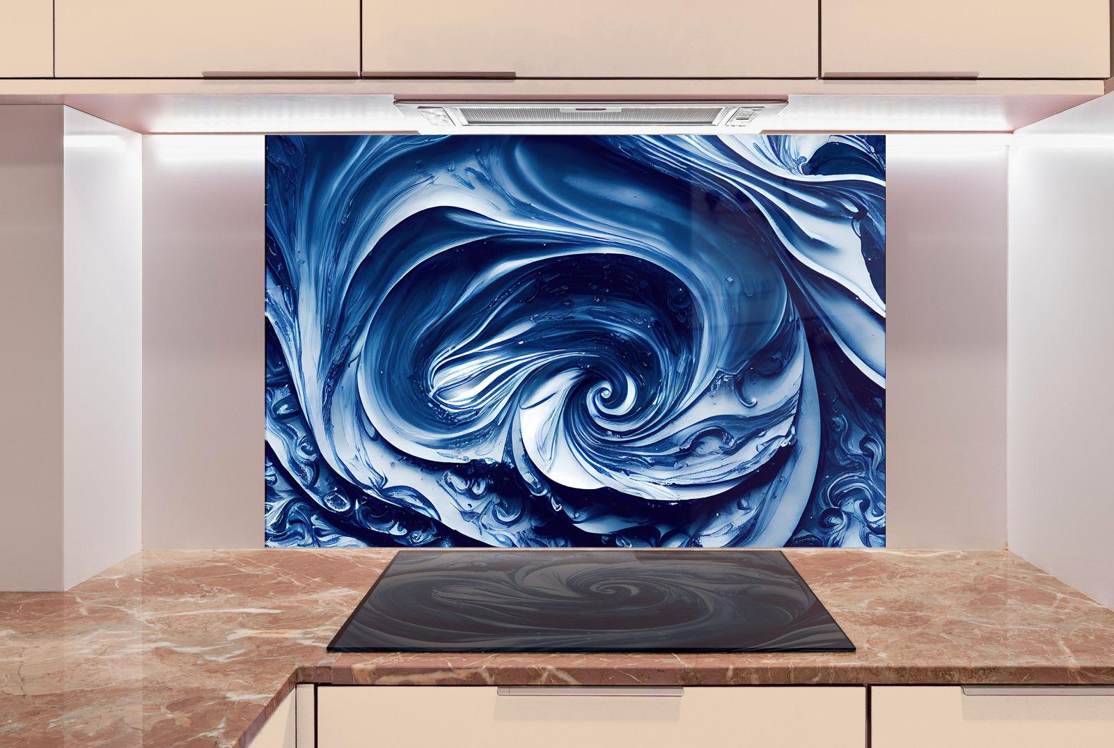 a large abstract painting of swirling blue and white patterns on a wall, with a black stovetop in the foreground.