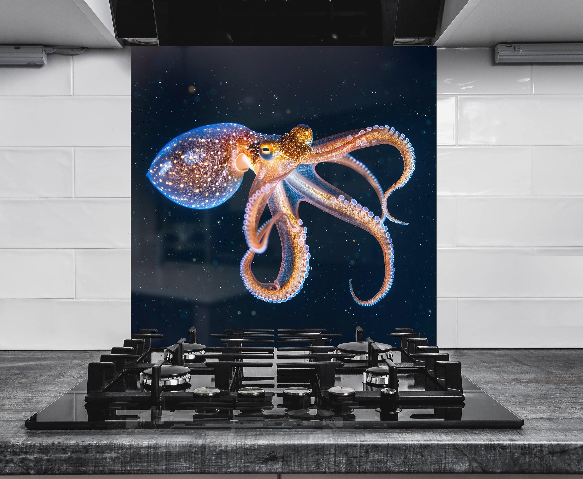 Octopus Tempered Glass Backsplash: Midnight Gold Swirl Art Panel