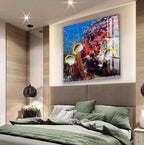 a bedroom with a large bed and a painting of colorful fish on the wall above it.