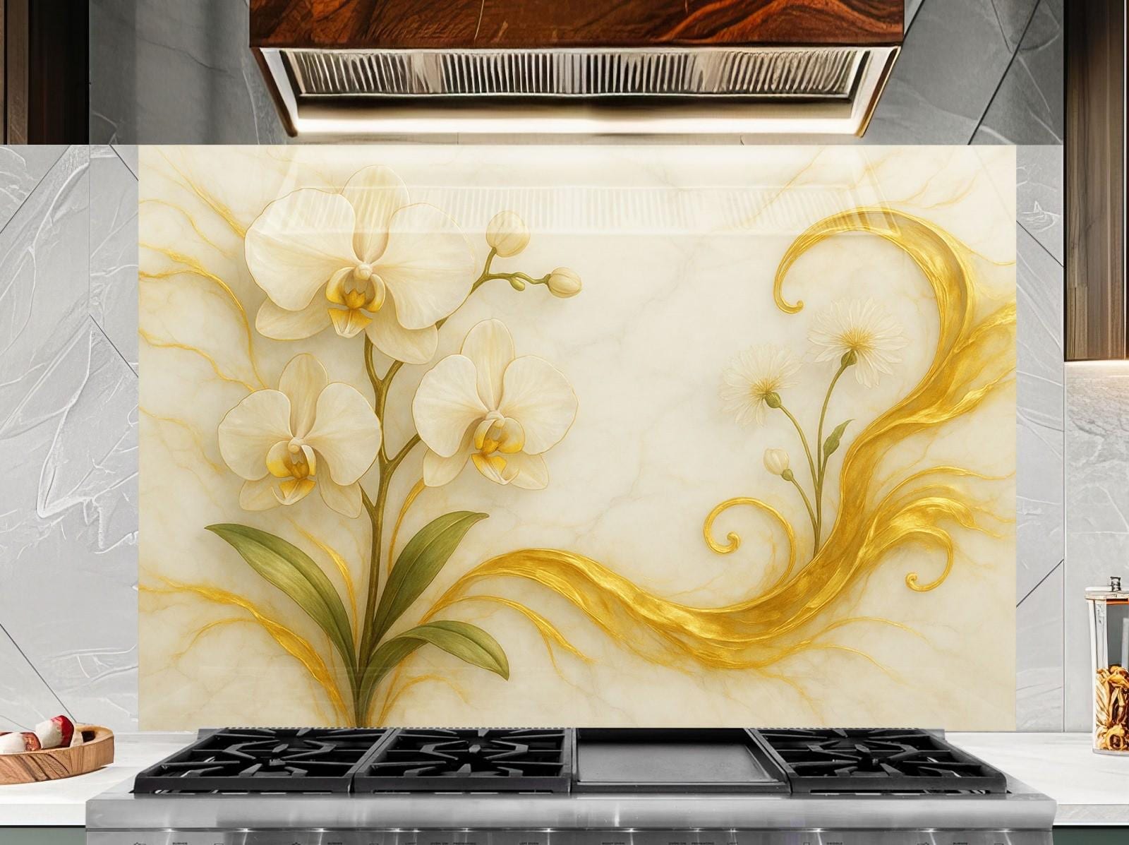 a painting of white flowers on a marble backsplash