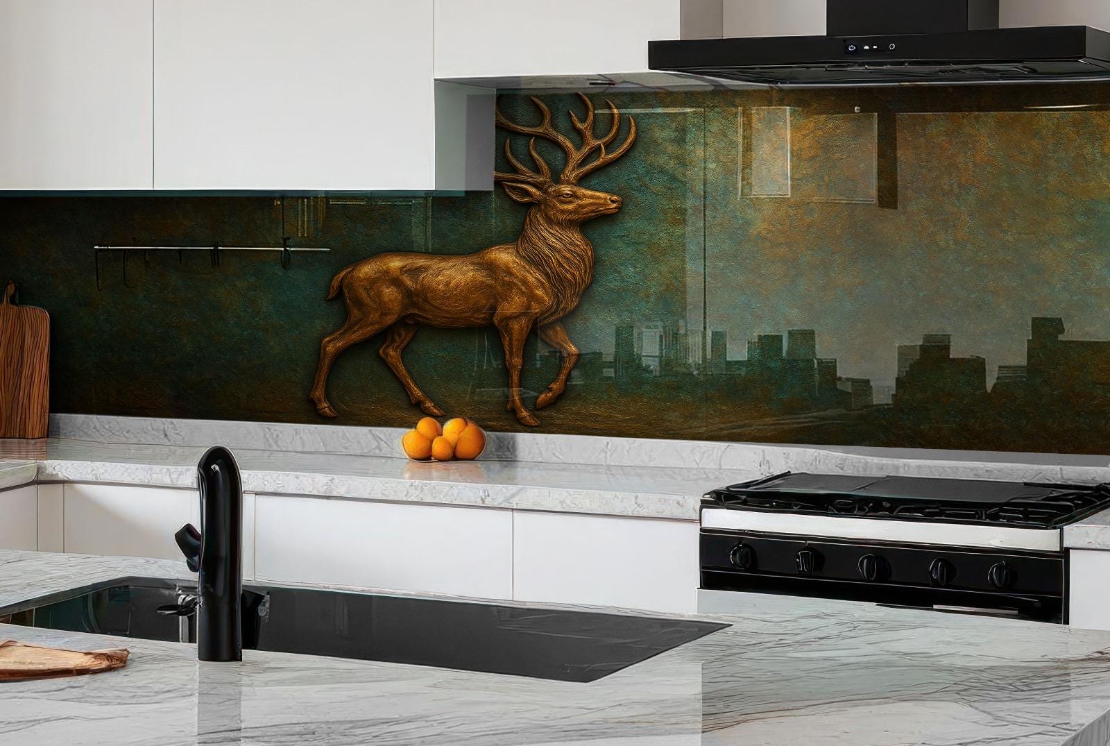 a picture of a deer on the wall of a kitchen
