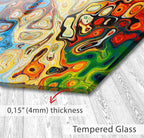A close-up of a colorful, abstract glass surface with a text overlay indicating the thickness of the glass.