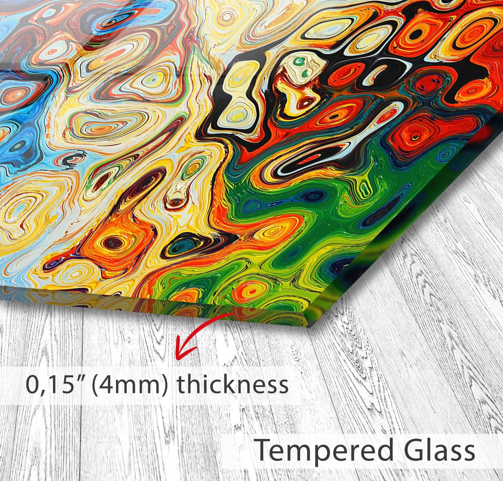 A close-up of a colorful, abstract glass surface with a text overlay indicating the thickness of the glass.