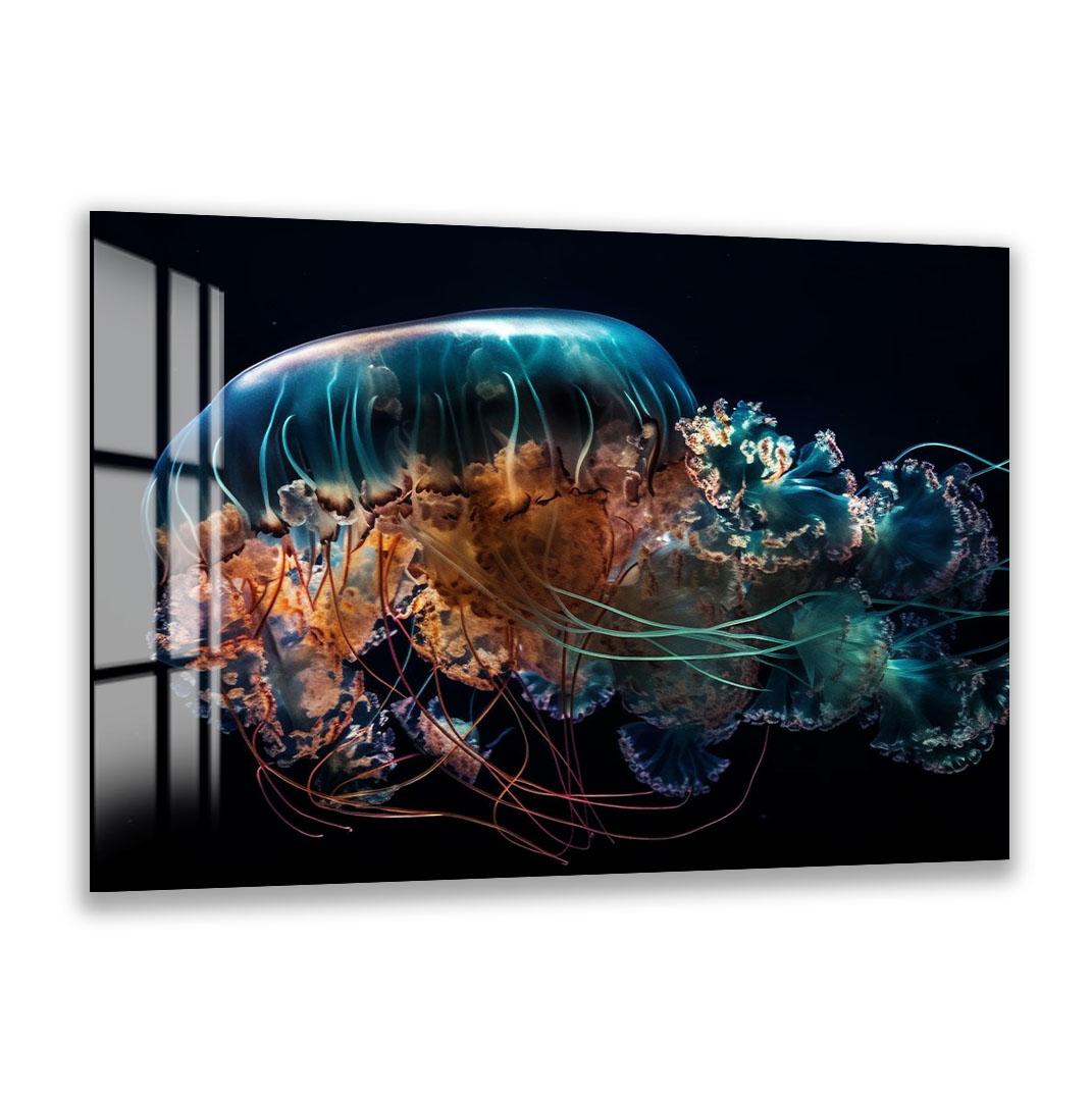 A large, colorful jellyfish with intricate patterns and flowing tentacles is the focal point of the image.