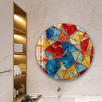 a bathroom with a large, colorful mosaic-style artwork hanging on the wall. The artwork consists of various geometric shapes in different colors, creating a vibrant and eye-catching display.