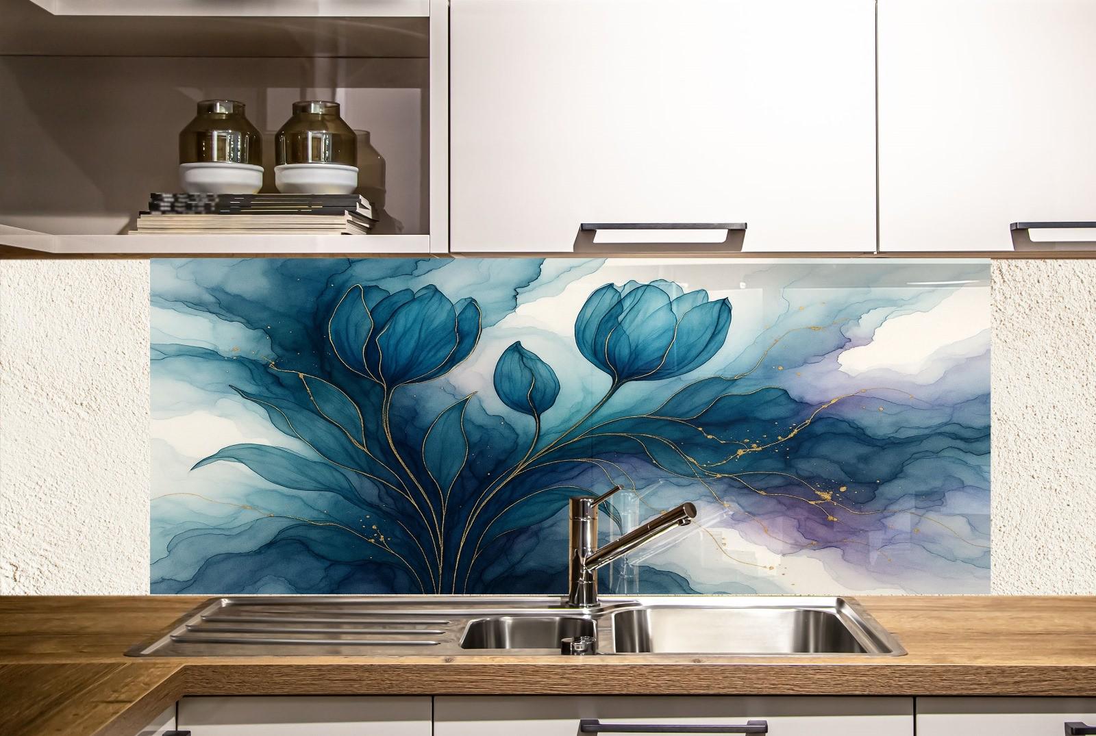a kitchen with a sink and a painting on the wall