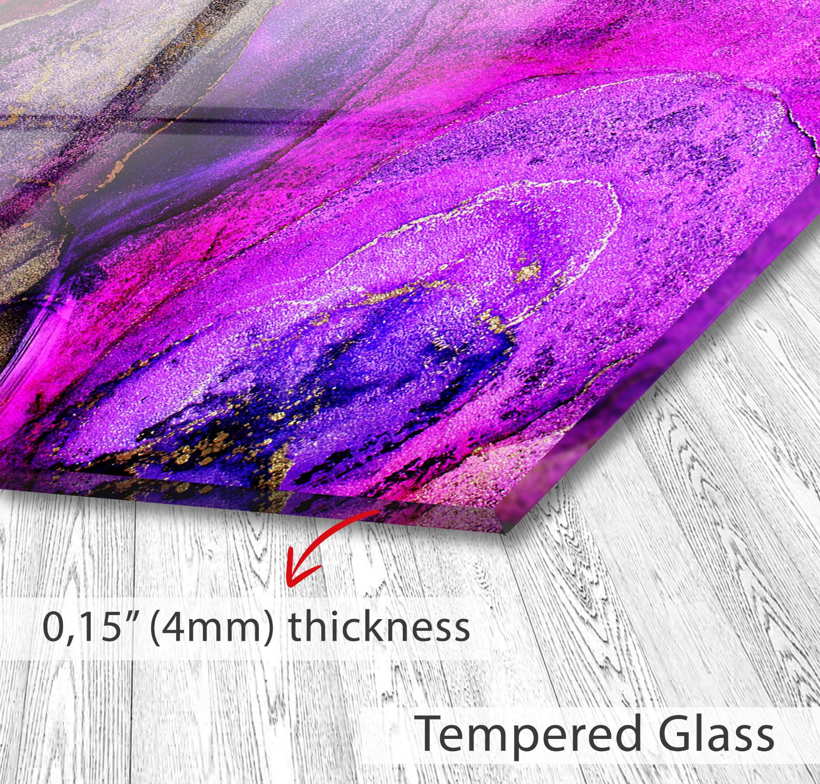 The image is a close-up of a glass surface with a vibrant purple and gold abstract design. The glass appears to be Tempered Glass, which is described as having a thickness of 4mm.